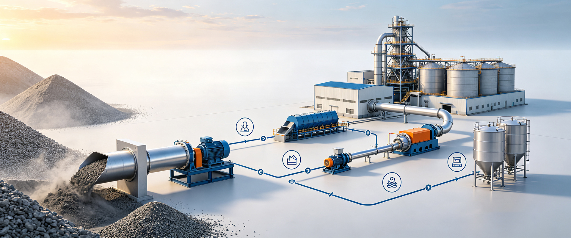 Processing equipment and storage silos at a fly ash processing facility