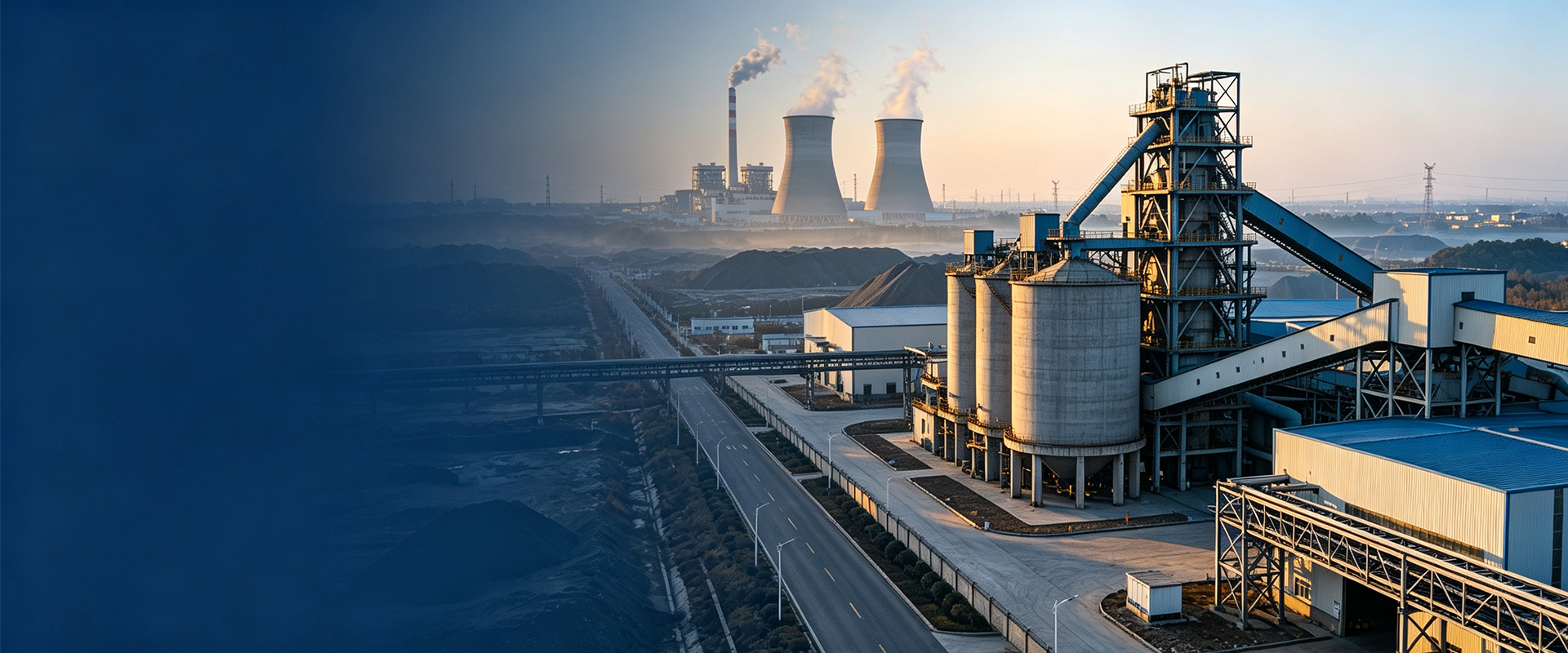 Fly ash storage silos beside a power plant at dusk